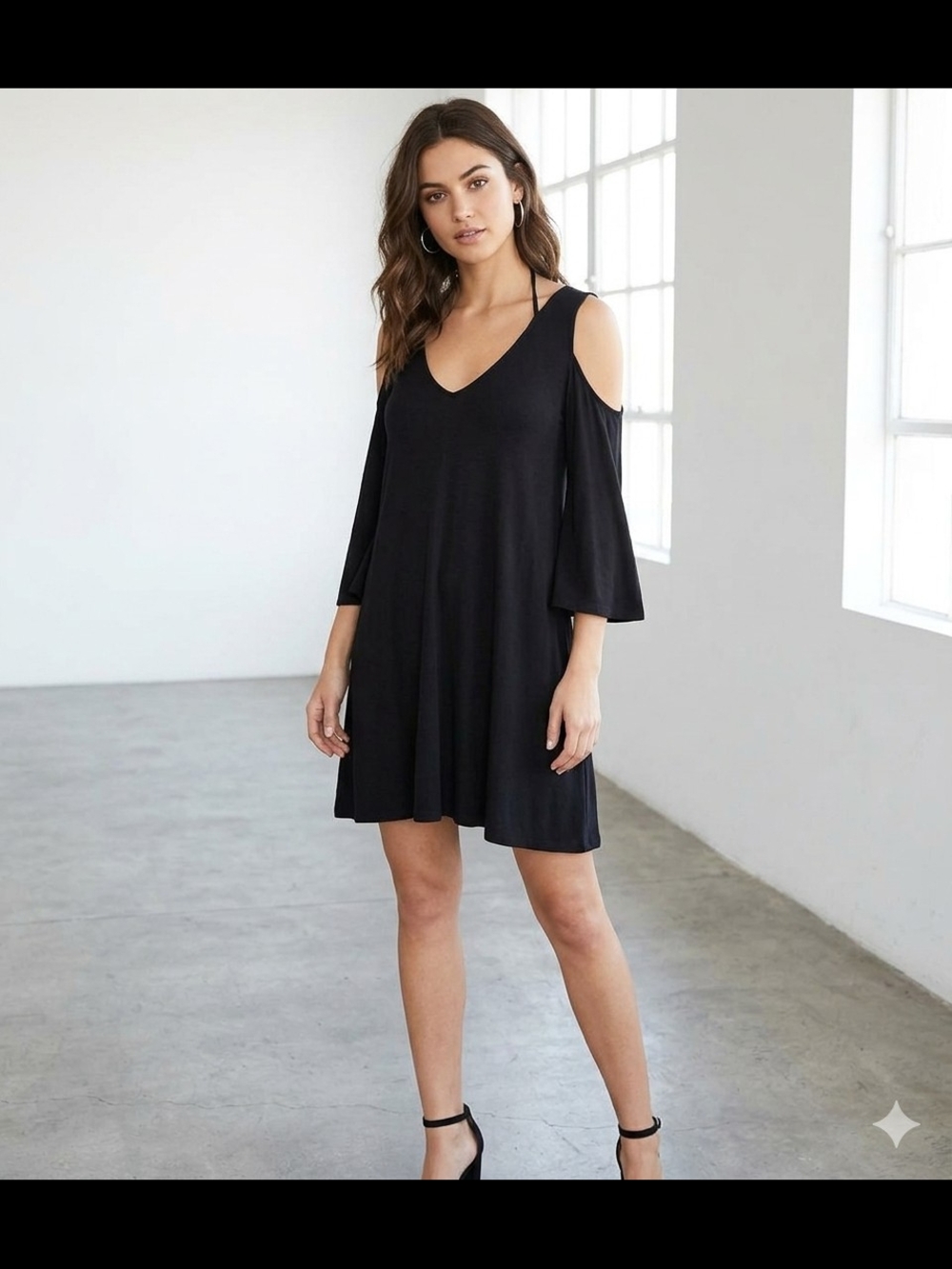 Cold-Shoulder V-Neck Mini Dress in Black With Tie Back Detail Med